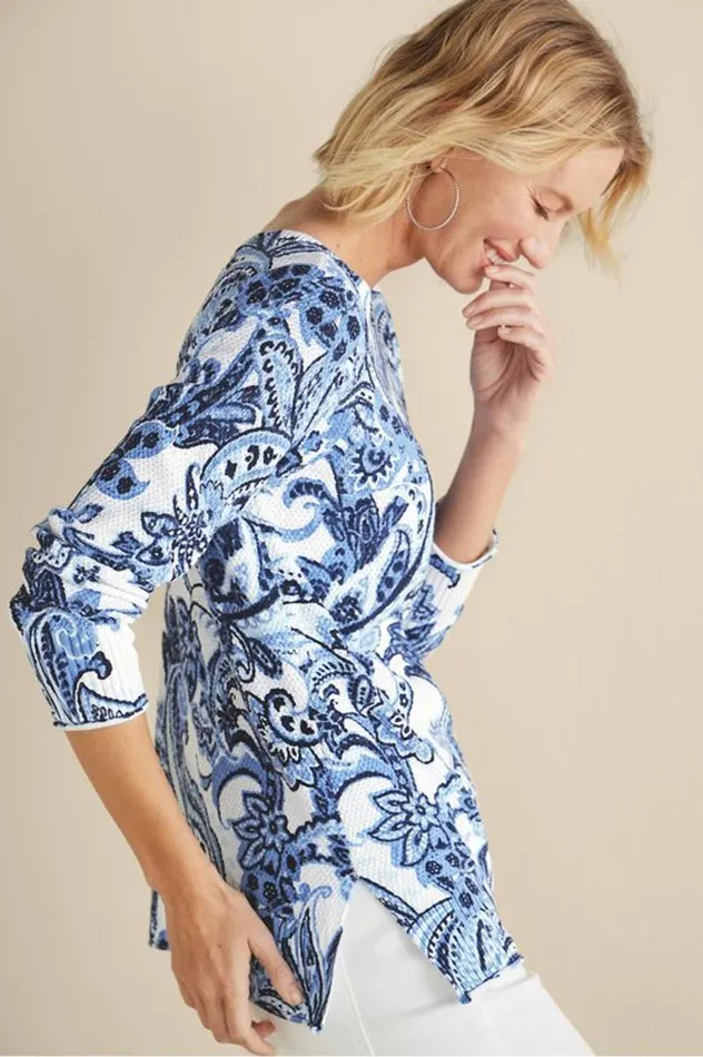 Women Marin Sweater Navy Blue Floral Paisley Soft Surroundings Tops Women Marin Sweater Navy Blue Floral Paisley Soft Surroundings Tops