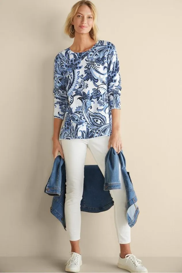 Women Marin Sweater Navy Blue Floral Paisley Soft Surroundings Tops Women Marin Sweater Navy Blue Floral Paisley Soft Surroundings Tops