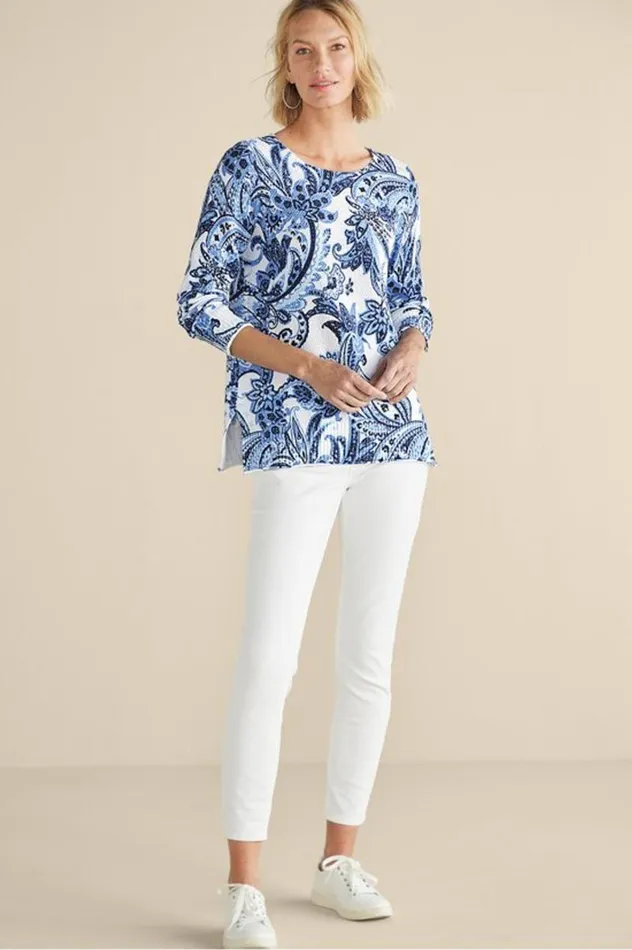 Women Marin Sweater Navy Blue Floral Paisley Soft Surroundings Tops Women Marin Sweater Navy Blue Floral Paisley Soft Surroundings Tops