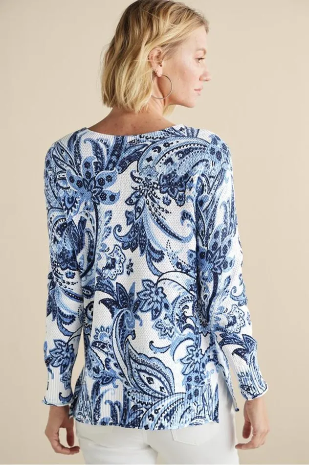 Women Marin Sweater Navy Blue Floral Paisley Soft Surroundings Tops Women Marin Sweater Navy Blue Floral Paisley Soft Surroundings Tops