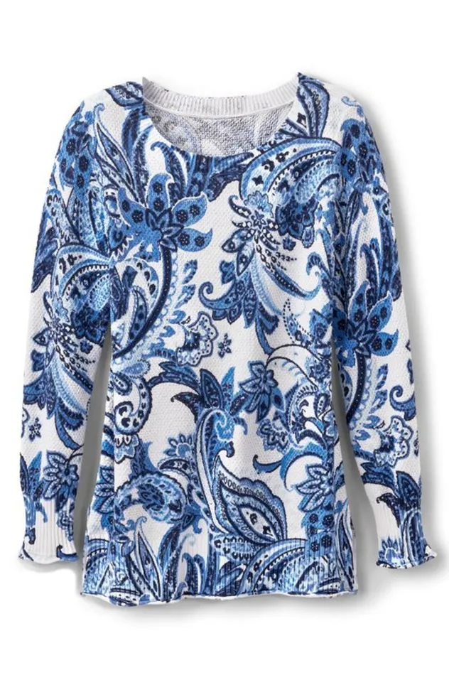 Women Marin Sweater Navy Blue Floral Paisley Soft Surroundings Tops Women Marin Sweater Navy Blue Floral Paisley Soft Surroundings Tops