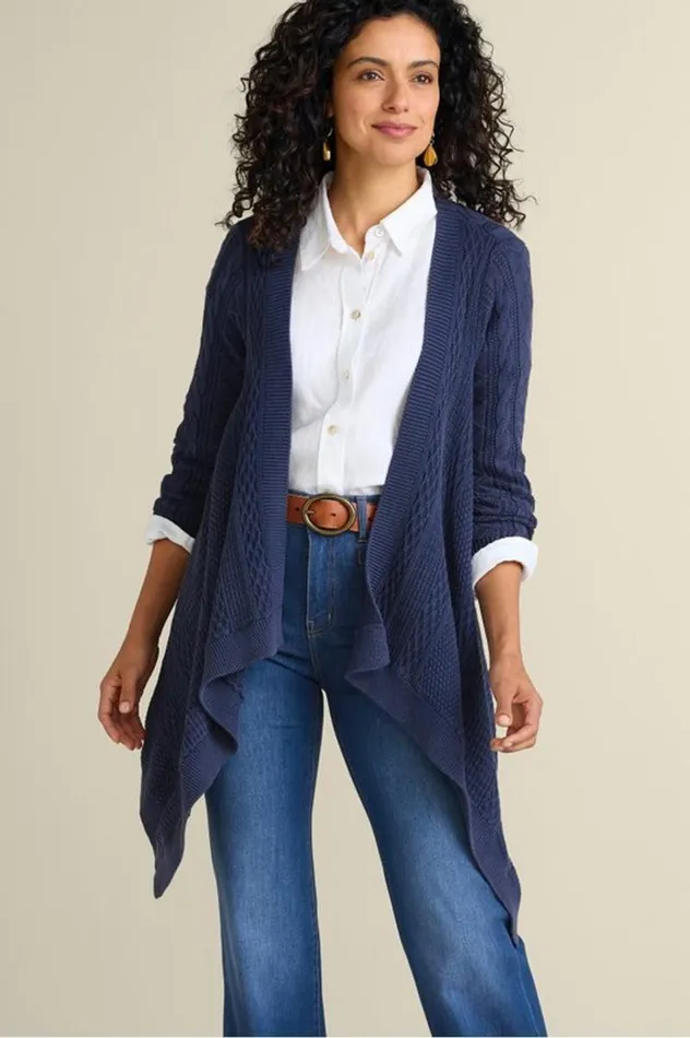 Women Minah Cable Knit Cardigan Denim Blue Soft Surroundings Tops