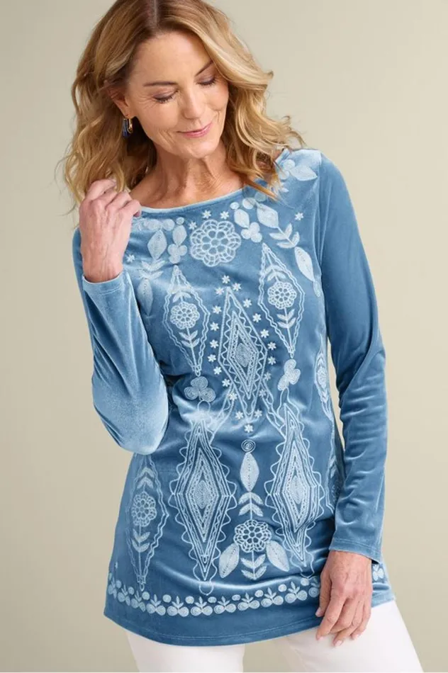Women Nori Embroidered Velvet Tunic Moonlight Blue Soft Surroundings Tops