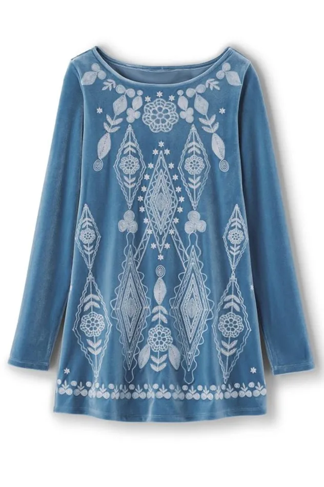 Women Nori Embroidered Velvet Tunic Moonlight Blue Soft Surroundings Tops Women Nori Embroidered Velvet Tunic Moonlight Blue Soft Surroundings Tops