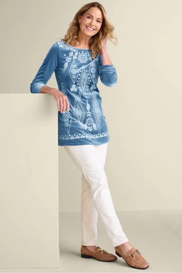 Women Nori Embroidered Velvet Tunic Moonlight Blue Soft Surroundings Tops Women Nori Embroidered Velvet Tunic Moonlight Blue Soft Surroundings Tops