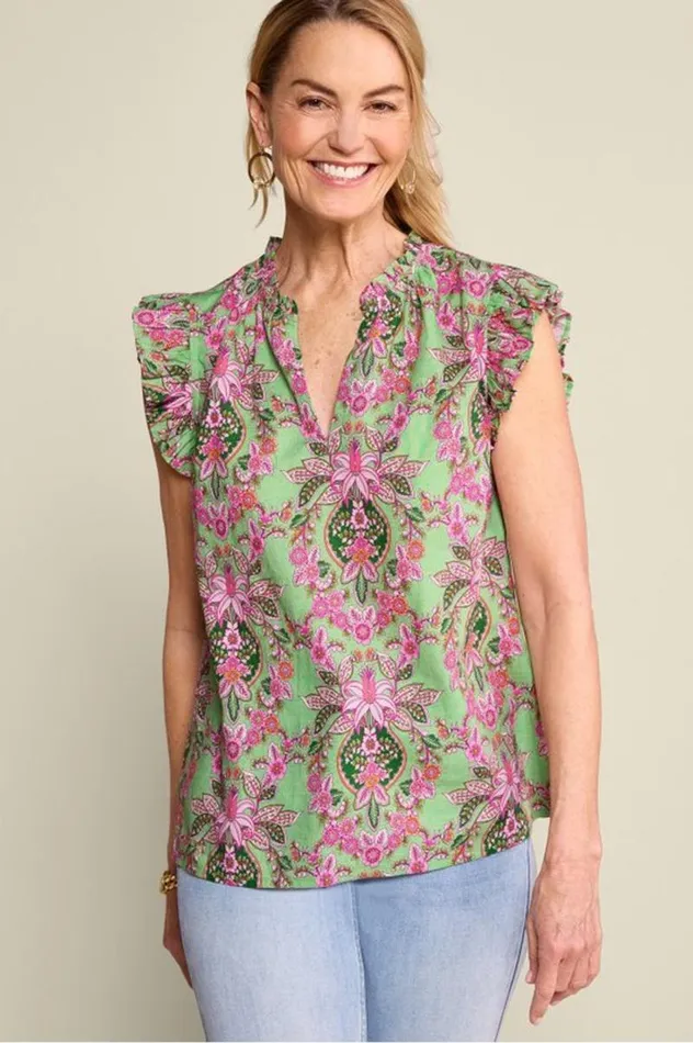 Women Paige Linen Blend Top Tropical Damask Medallion Soft Surroundings Tops