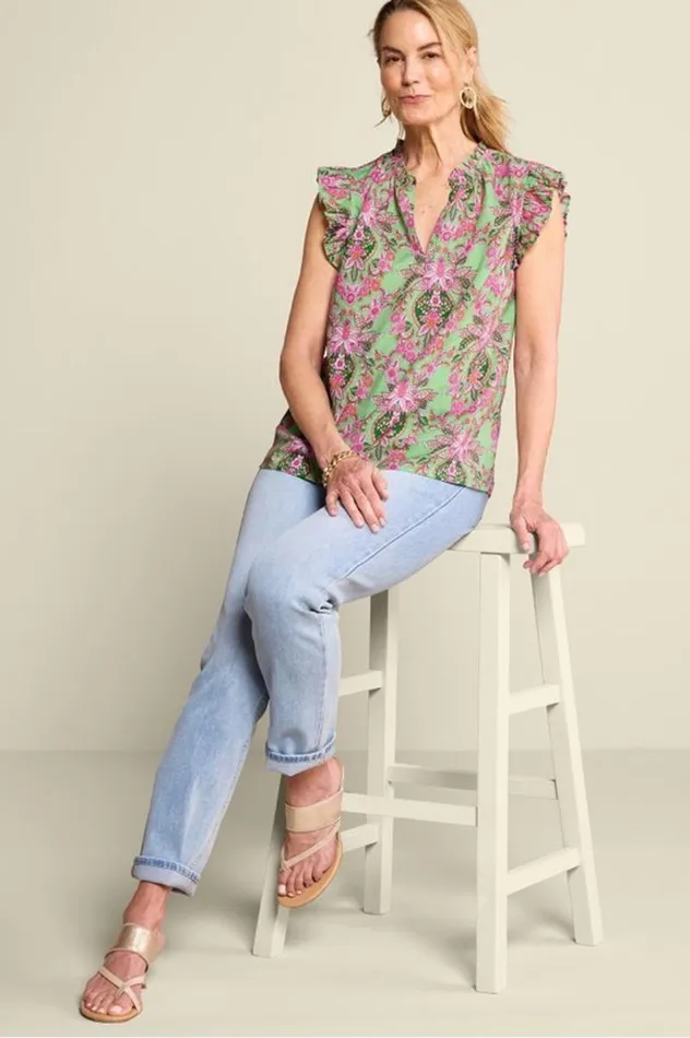 Women Paige Linen Blend Top Tropical Damask Medallion Soft Surroundings Tops Women Paige Linen Blend Top Tropical Damask Medallion Soft Surroundings Tops