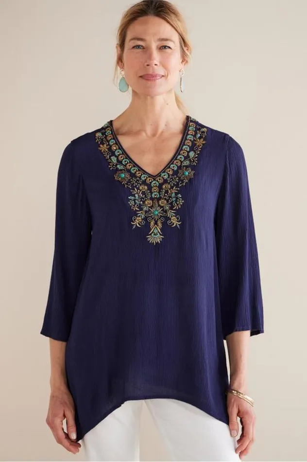 Women Paulina Gauze Pullover Navy Soft Surroundings Tops