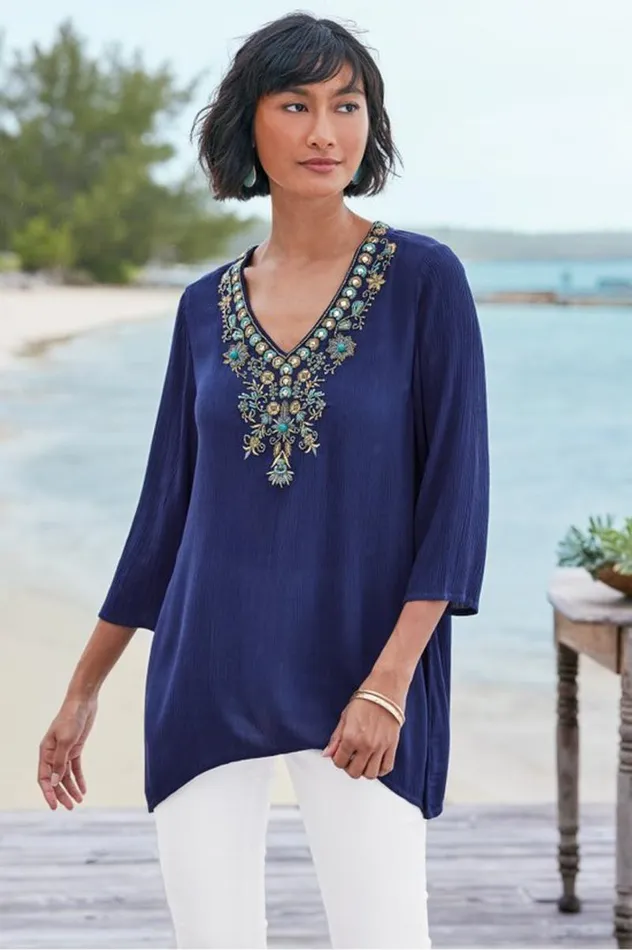 Women Paulina Gauze Pullover Navy Soft Surroundings Tops Women Paulina Gauze Pullover Navy Soft Surroundings Tops