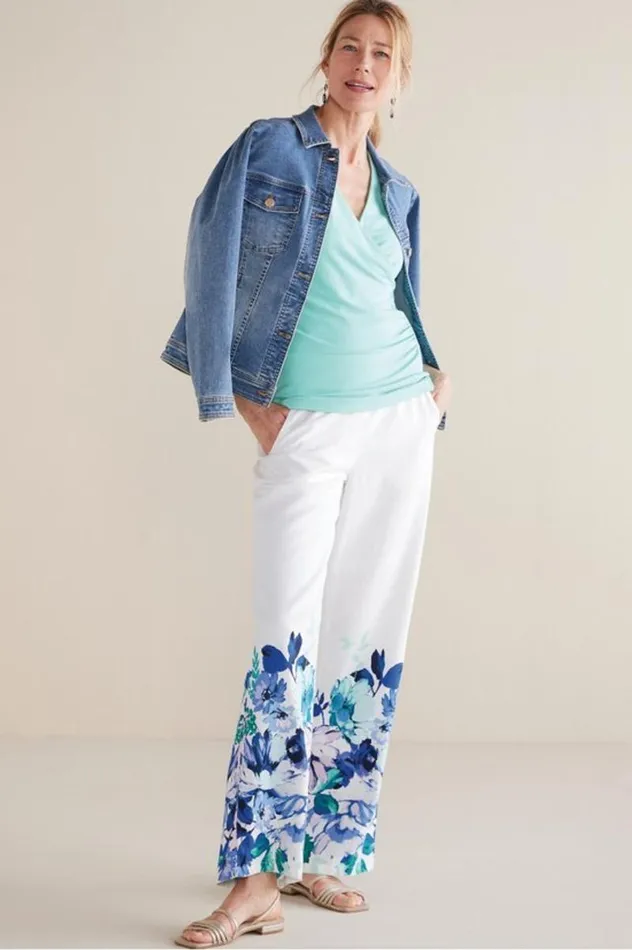 Women Ronna Linen Blend Wide Leg Pants Watercolor Floral Soft Surroundings Pants