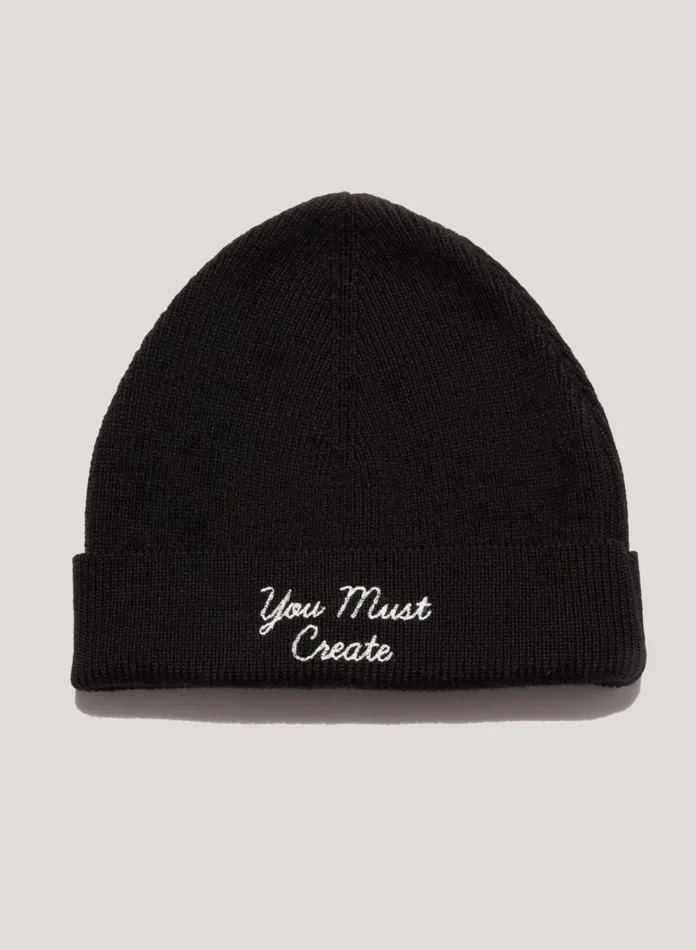 Womens Hats YMC Embroidered Merino Wool Beanie Hat Black