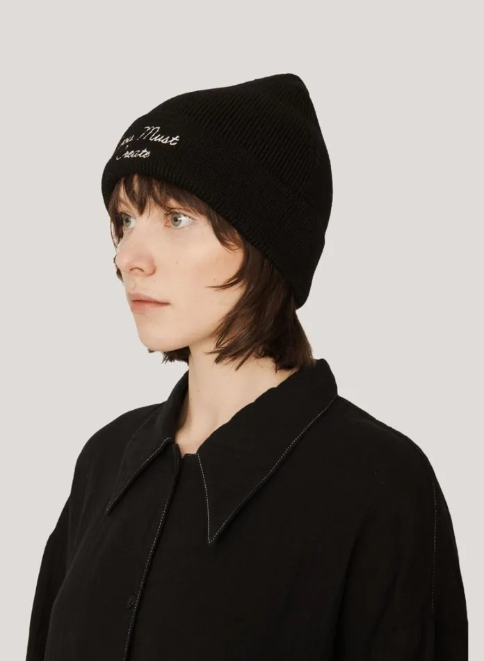 Womens Hats YMC Embroidered Merino Wool Beanie Hat Black