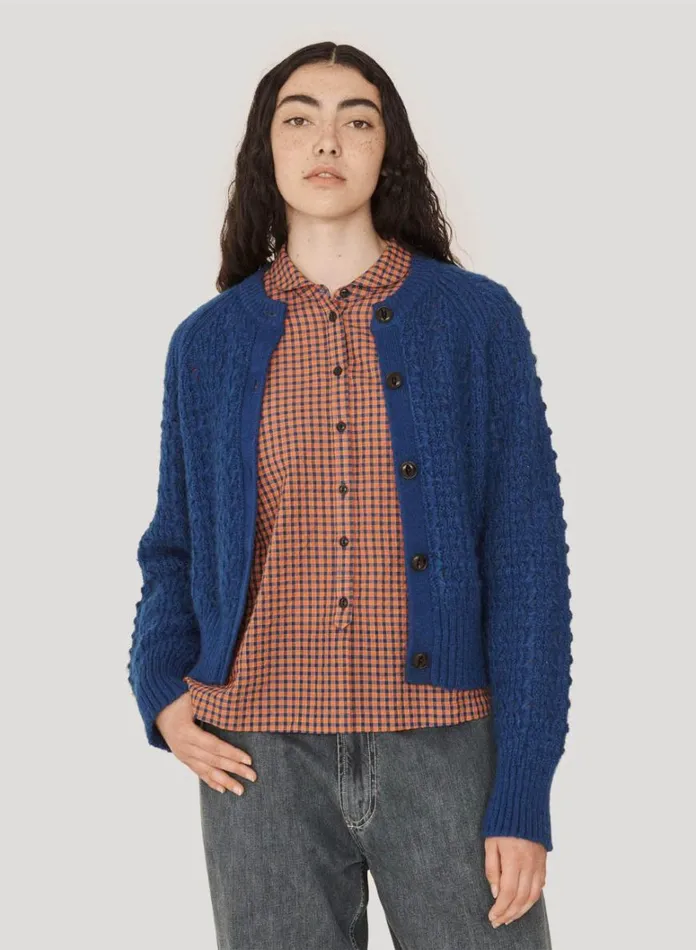 Womens Knitwear YMC Foxtail Cardigan Blue