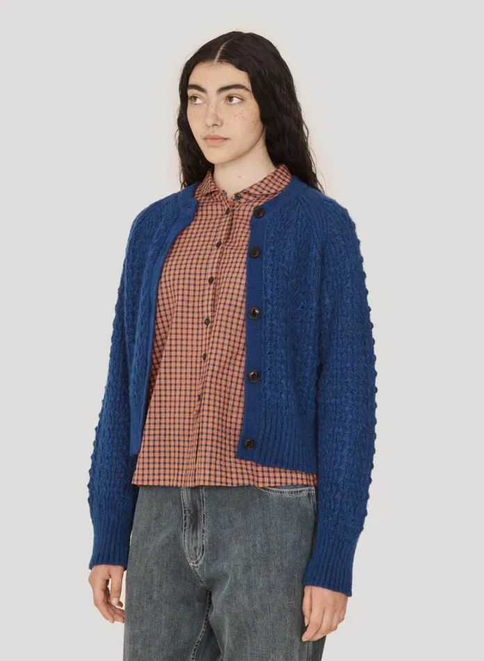 Womens Knitwear YMC Foxtail Cardigan Blue