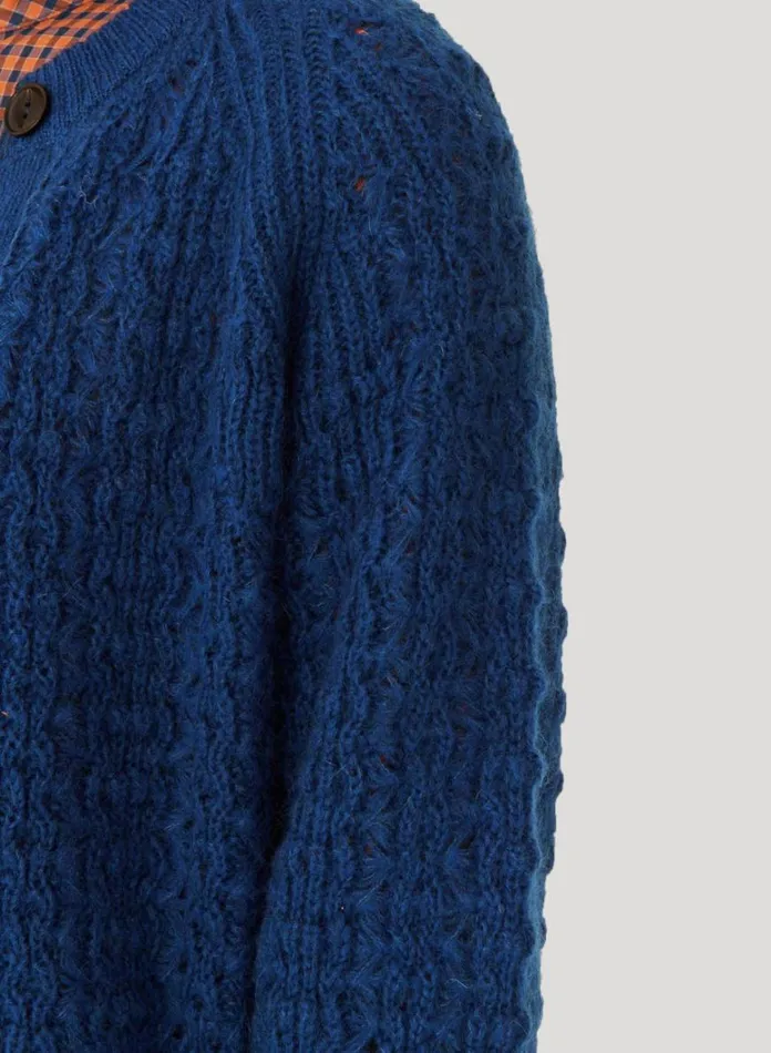 Womens Knitwear YMC Foxtail Cardigan Blue