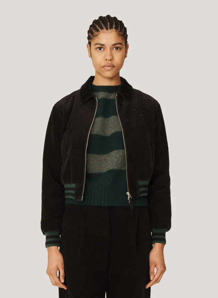Womens Outerwear YMC Jets Embroidered Corduroy Baseball Jacket Black
