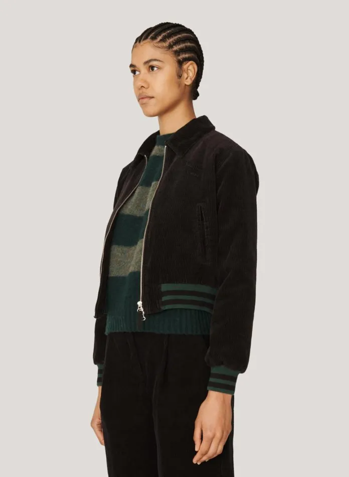 Womens Outerwear YMC Jets Embroidered Corduroy Baseball Jacket Black