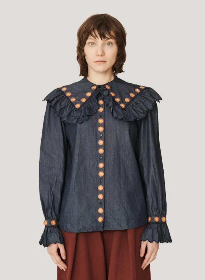 Womens Shirts YMC Blossom Embroidered Denim Shirt Indigo