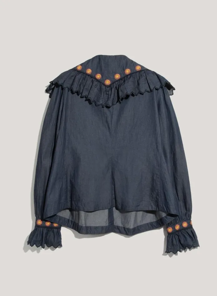 Womens Shirts YMC Blossom Embroidered Denim Shirt Indigo