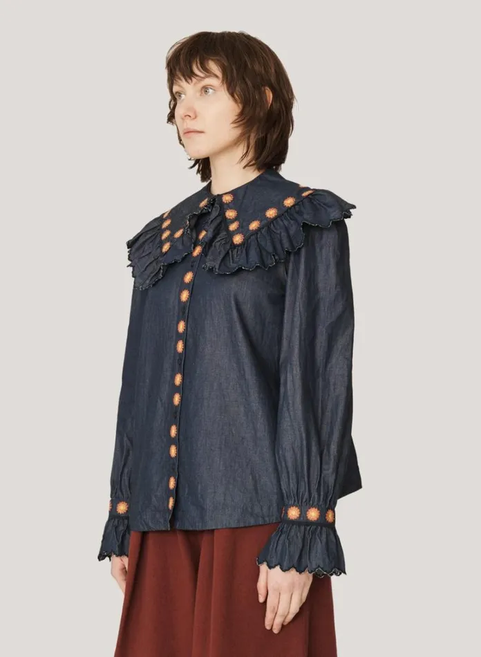Womens Shirts YMC Blossom Embroidered Denim Shirt Indigo