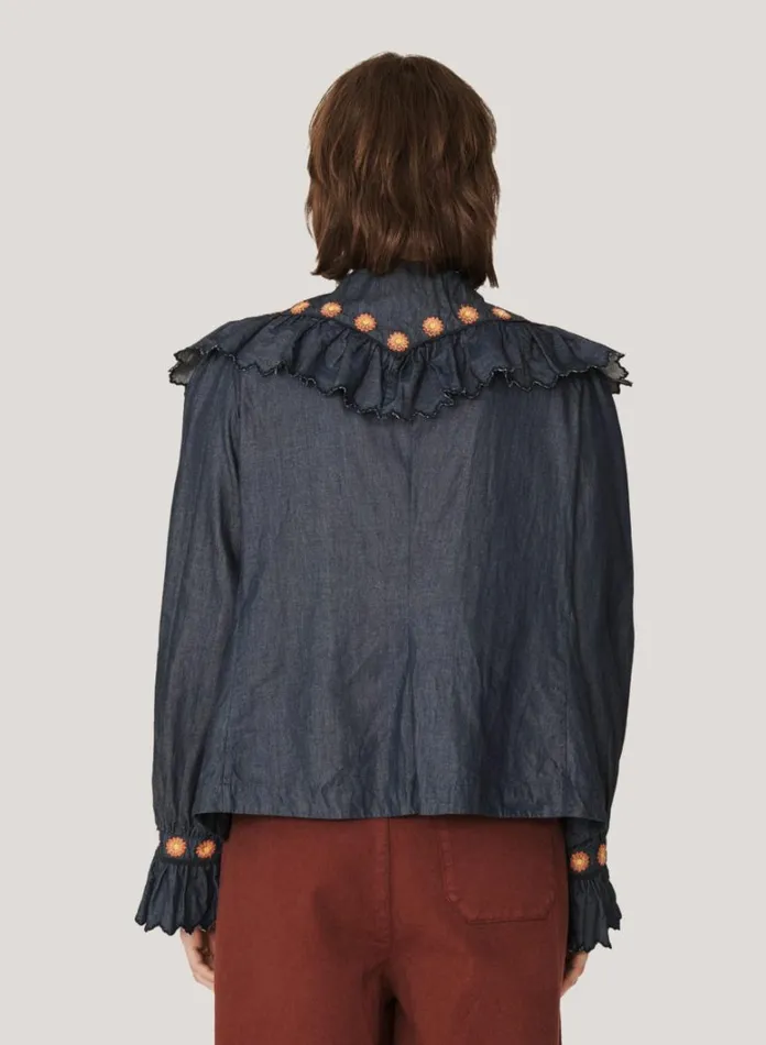Womens Shirts YMC Blossom Embroidered Denim Shirt Indigo