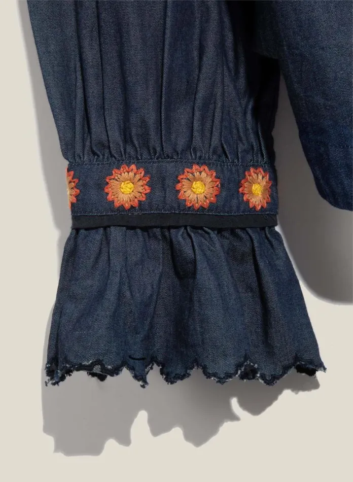 Womens Shirts YMC Blossom Embroidered Denim Shirt Indigo