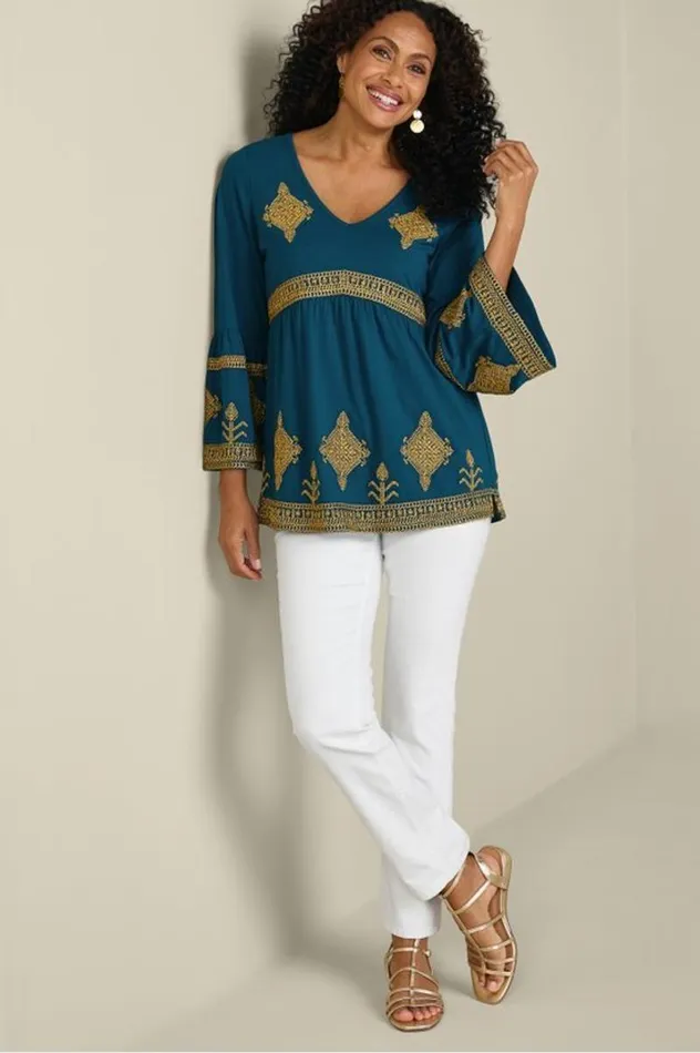 Women Setara 34 Sleeve Top Moroccan Blue Soft Surroundings Tops Women Setara 34 Sleeve Top Moroccan Blue Soft Surroundings Tops