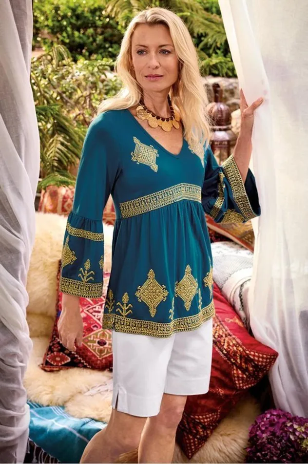 Women Setara 34 Sleeve Top Moroccan Blue Soft Surroundings Tops Women Setara 34 Sleeve Top Moroccan Blue Soft Surroundings Tops