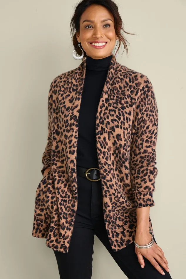 Women Sibyl Cashmere Printed Cardigan Leopard Soft Surroundings Tops