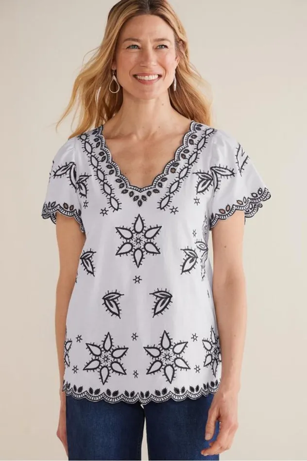 Women Teres Embroidered Tee Ivory Pearl Soft Surroundings Tops