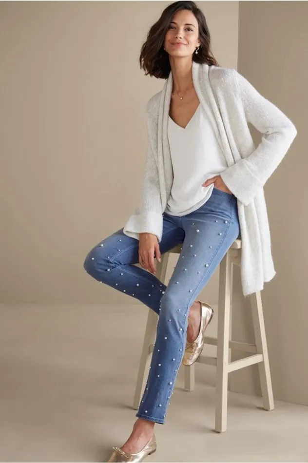 Women Ultimate Denim Pearl Straight Leg Jeans Icy Blue Wash Soft Surroundings Jeans
