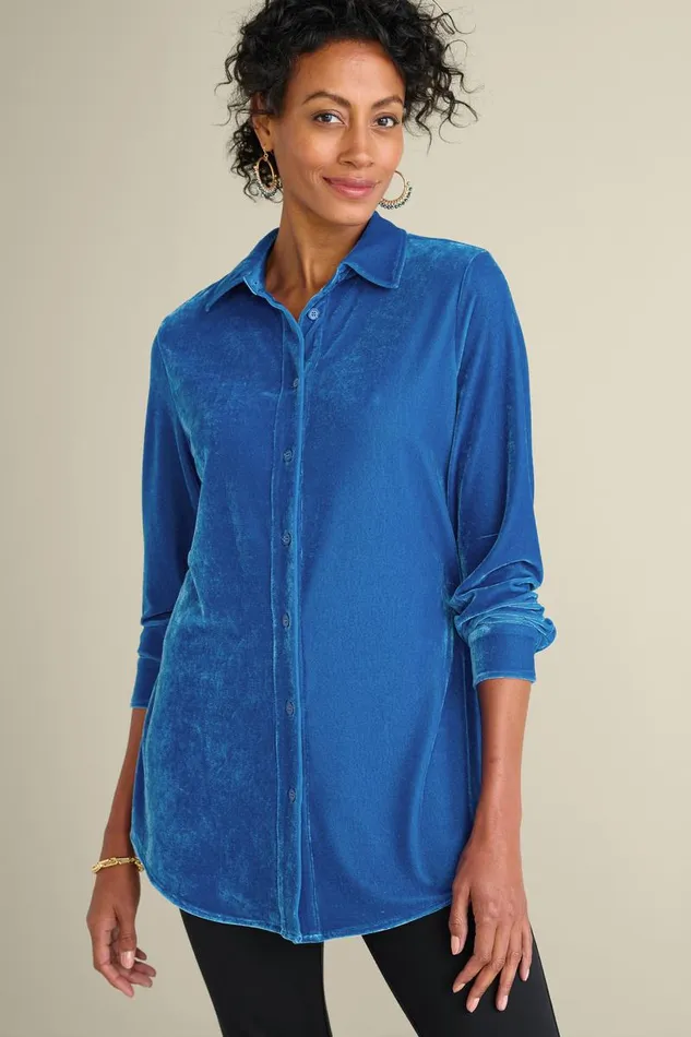 Women Velvet Boyfriend Tunic Shirt Berry Soft Surroundings Tops