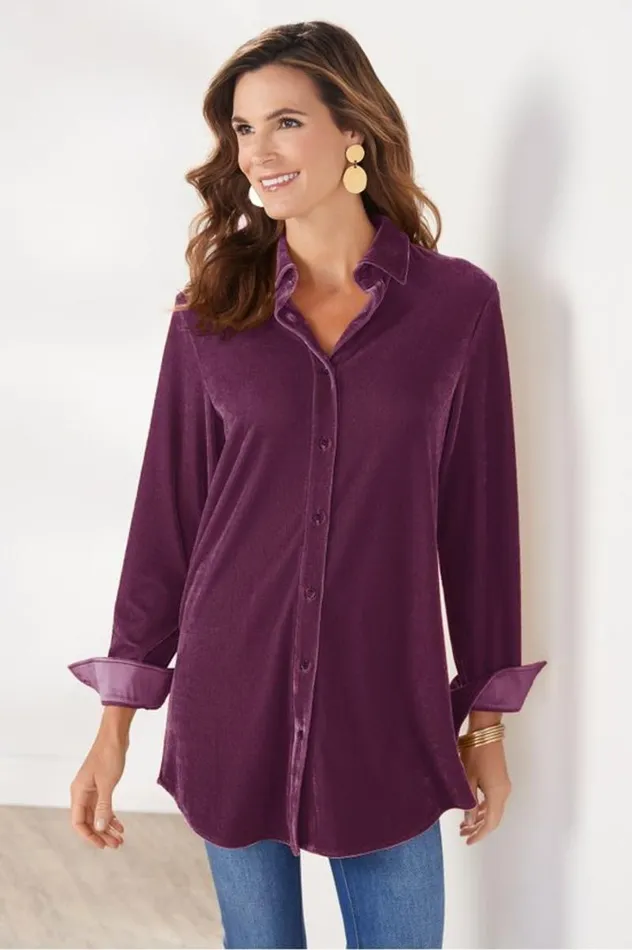 Women Velvet Boyfriend Tunic Shirt Berry Soft Surroundings Tops Women Velvet Boyfriend Tunic Shirt Berry Soft Surroundings Tops