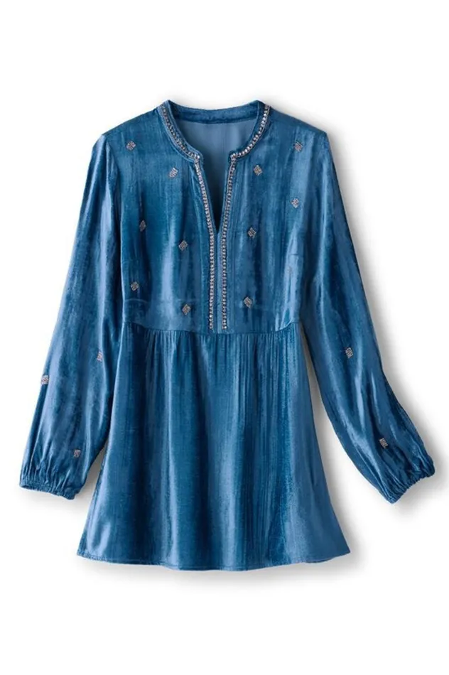 Women Verna Embellished Velvet Tunic Blue Sapphire Soft Surroundings Tops Women Verna Embellished Velvet Tunic Blue Sapphire Soft Surroundings Tops
