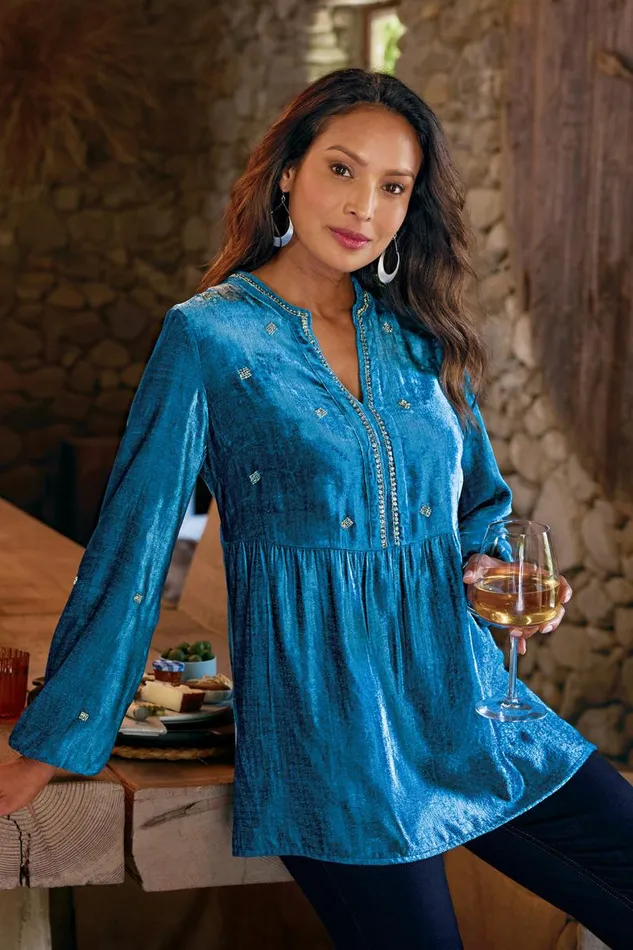 Women Verna Embellished Velvet Tunic Blue Sapphire Soft Surroundings Tops Women Verna Embellished Velvet Tunic Blue Sapphire Soft Surroundings Tops