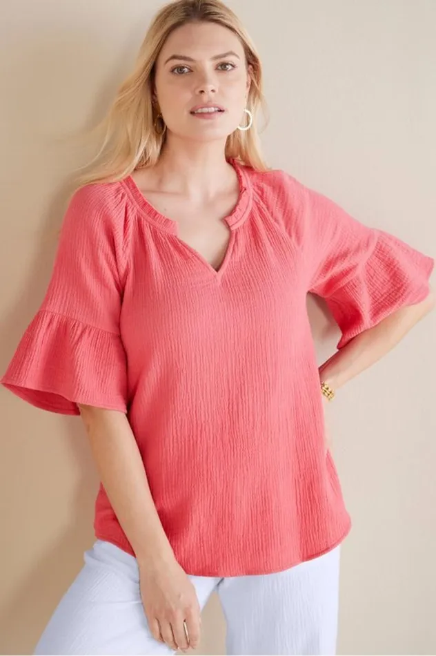 Women Vinka Gauze Pullover Sunkist Coral Soft Surroundings Tops Women Vinka Gauze Pullover Sunkist Coral Soft Surroundings Tops