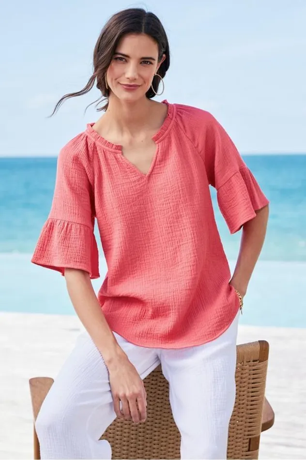 Women Vinka Gauze Pullover Sunkist Coral Soft Surroundings Tops Women Vinka Gauze Pullover Sunkist Coral Soft Surroundings Tops