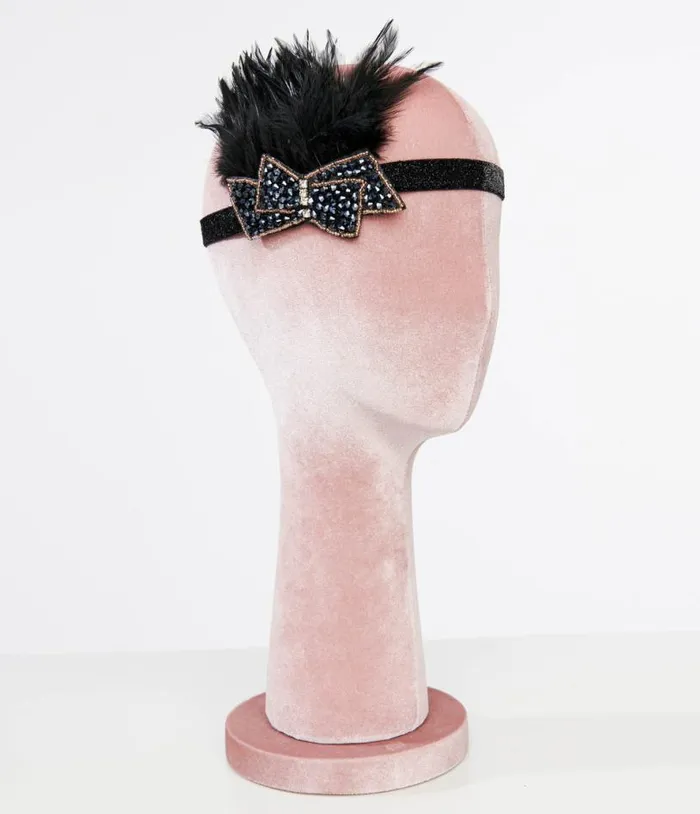 1920s Black Beaded Feather Flapper Headband Accessories Unique Vintage Headbands 1920s Black Beaded Feather Flapper Headband Accessories Unique Vintage Headbands
