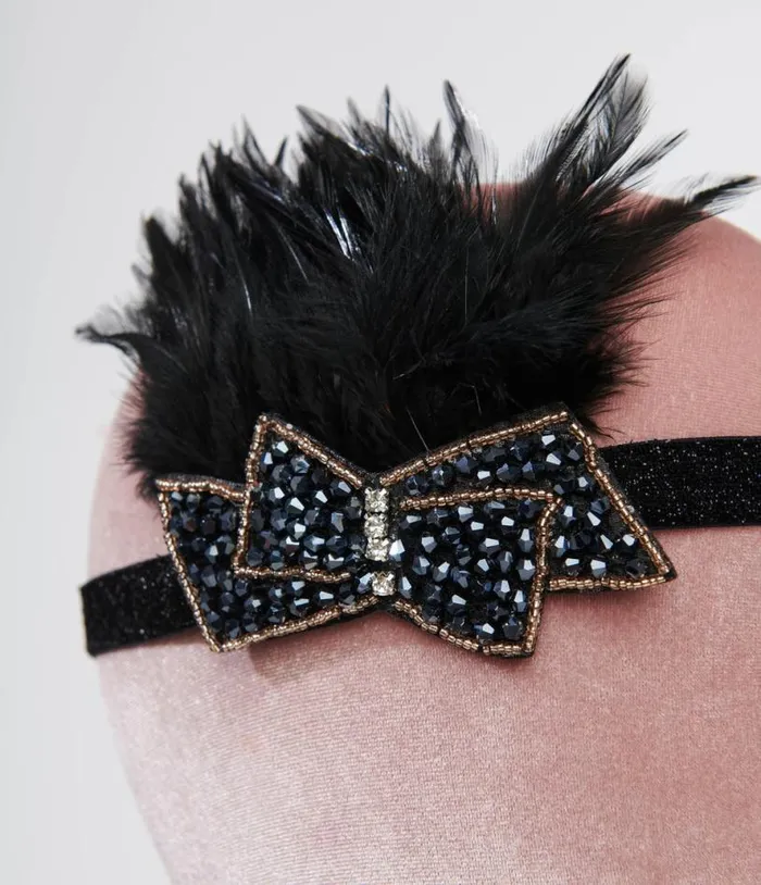 1920s Black Beaded Feather Flapper Headband Accessories Unique Vintage Headbands
