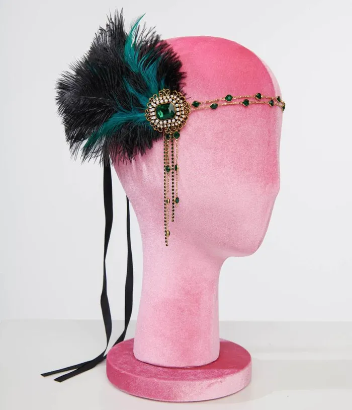 1920s Black Feather and Emerald Rhinestone Headband Accessories Unique Vintage Headbands 1920s Black Feather and Emerald Rhinestone Headband Accessories Unique Vintage Headbands