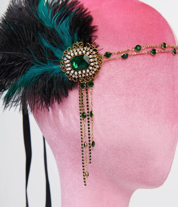 1920s Black Feather and Emerald Rhinestone Headband Accessories Unique Vintage Headbands