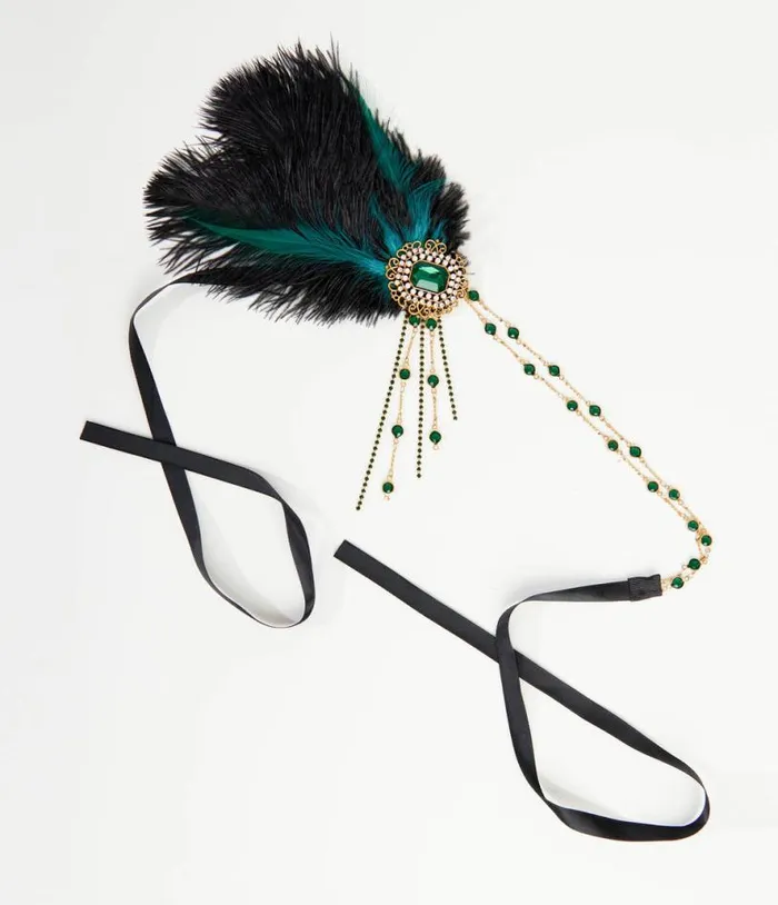 1920s Black Feather and Emerald Rhinestone Headband Accessories Unique Vintage Headbands
