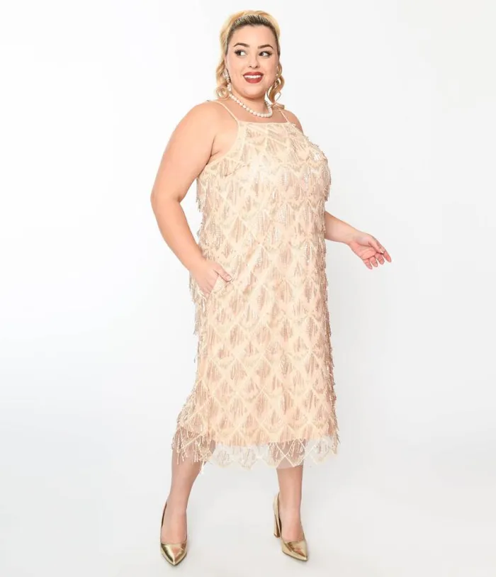1920s Champagne Sequin Fringe Midi Dress DressesPlus Unique Vintage Midi