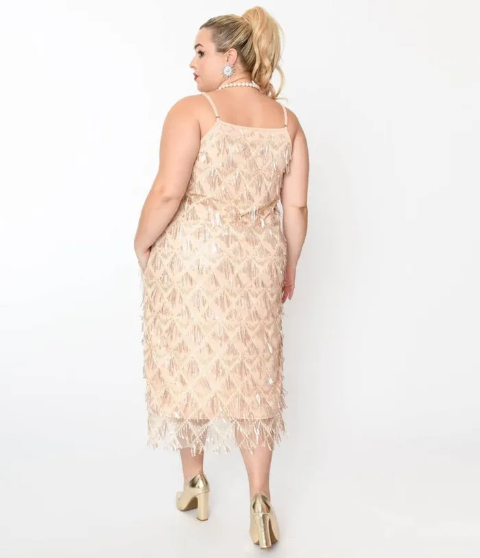1920s Champagne Sequin Fringe Midi Dress DressesPlus Unique Vintage Midi