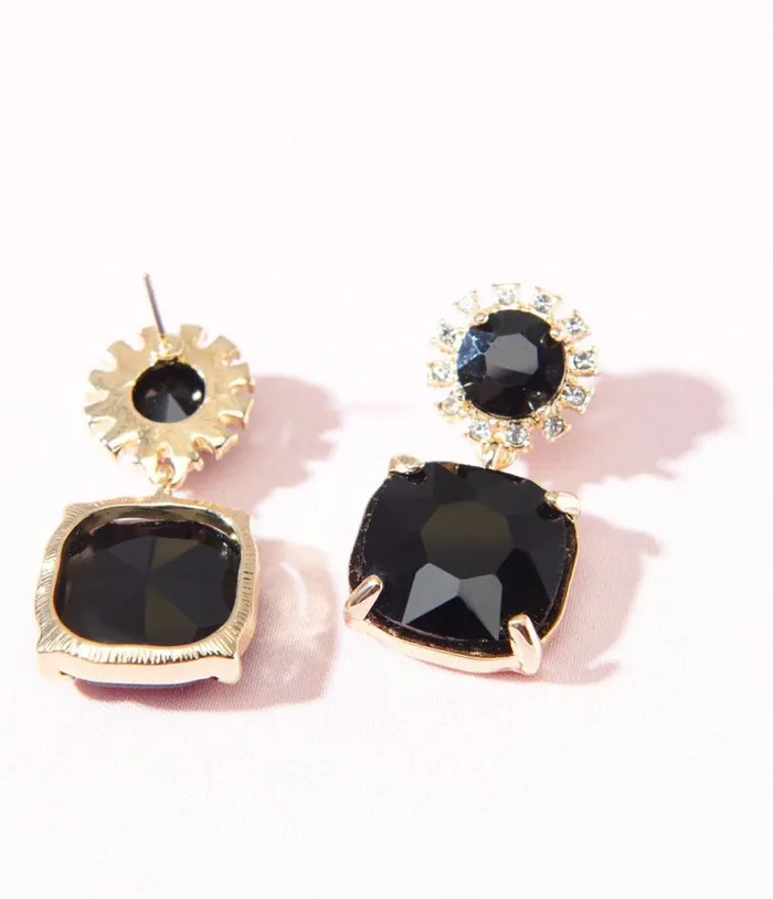 1920s Gold and Black Rhinestone Square Drop Earrings Accessories Unique Vintage Earrings
