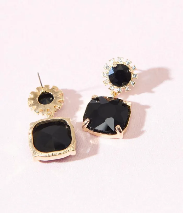 1920s Gold and Black Rhinestone Square Drop Earrings Accessories Unique Vintage Earrings