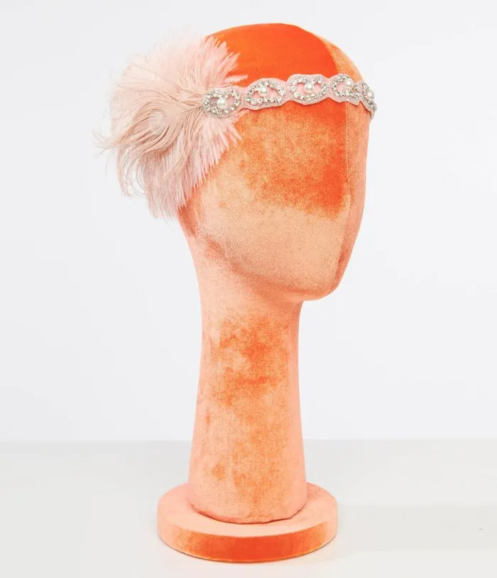 1920s Peach Feather and Silver Rhinestone Headband Accessories Unique Vintage Headbands 1920s Peach Feather and Silver Rhinestone Headband Accessories Unique Vintage Headbands