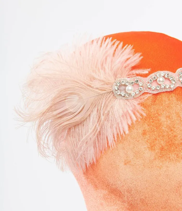 1920s Peach Feather and Silver Rhinestone Headband Accessories Unique Vintage Headbands