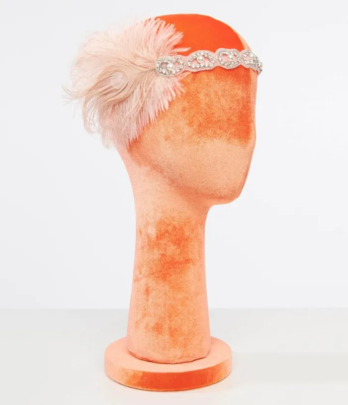 1920s Peach Feather and Silver Rhinestone Headband Accessories Unique Vintage Headbands