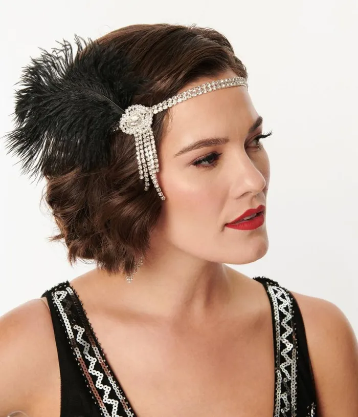 1920s Silver Rhinestone and Black Feather Headband Accessories Unique Vintage Headbands 1920s Silver Rhinestone and Black Feather Headband Accessories Unique Vintage Headbands
